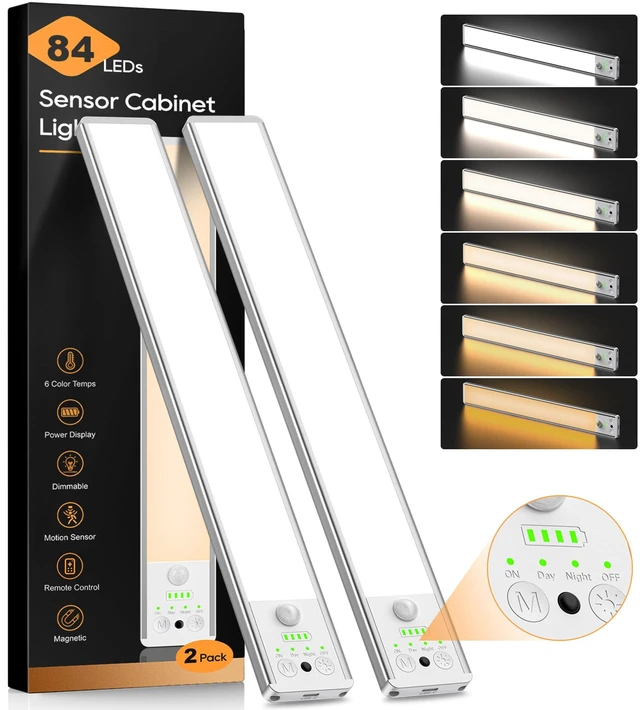 Main image of 10.5 Inch Under Cabinet Lighting, 6 Color Temps Motion Sensor Light Indoor, LED Power Display Rechargeable Battery Operated Closet Light, Magnetic Dimmable Under Counter Lights for Kitchen-2 Pack
