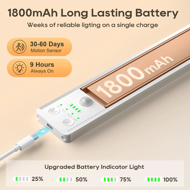 Alt view image 4 of 7 - 10.5 Inch Under Cabinet Lighting, 6 Color Temps Motion Sensor Light Indoor, LED Power Display Rechargeable Battery Operated Closet Light, Magnetic Dimmable Under Counter Lights for Kitchen-2 Pack