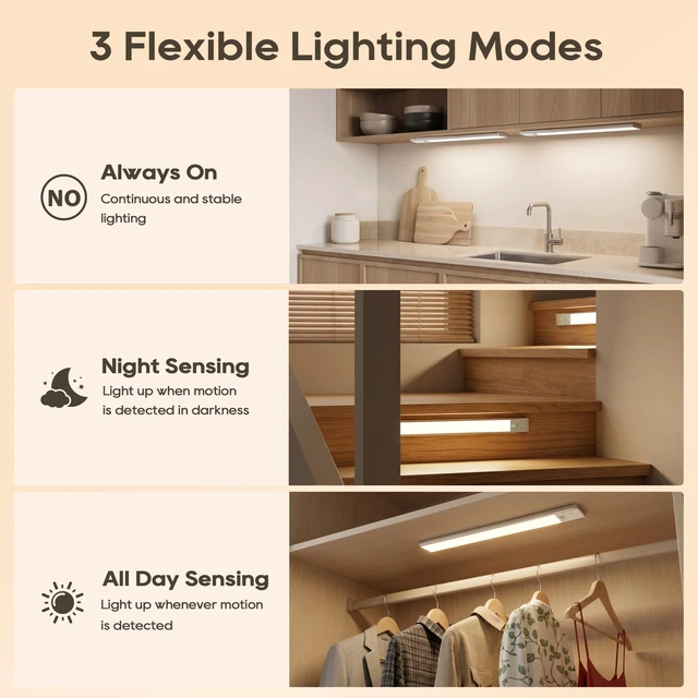 Alt view image 5 of 7 - 10.5 Inch Under Cabinet Lighting, 6 Color Temps Motion Sensor Light Indoor, LED Power Display Rechargeable Battery Operated Closet Light, Magnetic Dimmable Under Counter Lights for Kitchen-2 Pack