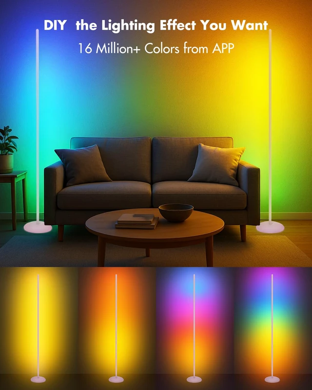 Alt view image 2 of 7 - LED Corner Lamp, Smart RGB Floor Lamp for Living Room, Bedroom 1200LM Dimmable with 16 Million Color Changing, Music Sync, APP & Remote Control, Standing LED Light for Gaming Room - Silver