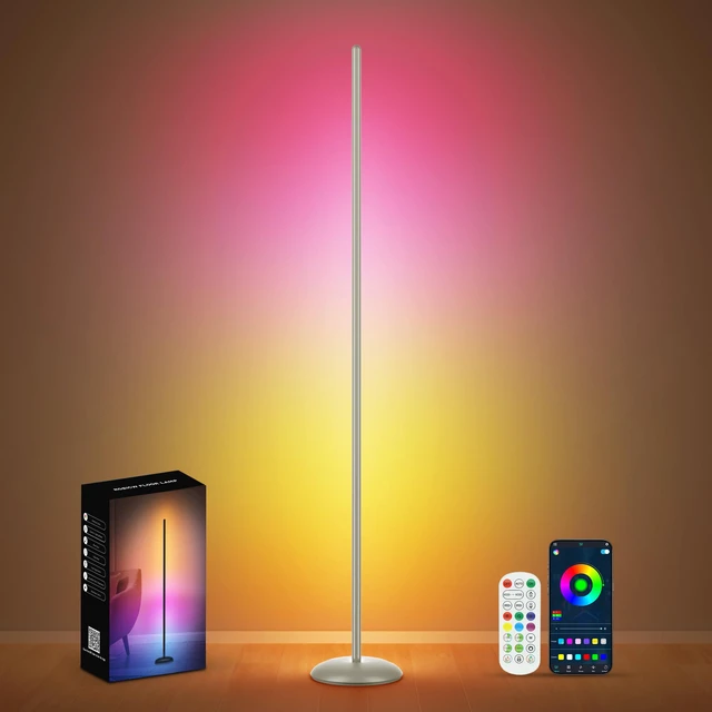 Main image of LED Corner Lamp, Smart RGB Floor Lamp for Living Room, Bedroom 1200LM Dimmable with 16 Million Color Changing, Music Sync, APP & Remote Control, Standing LED Light for Gaming Room - Silver