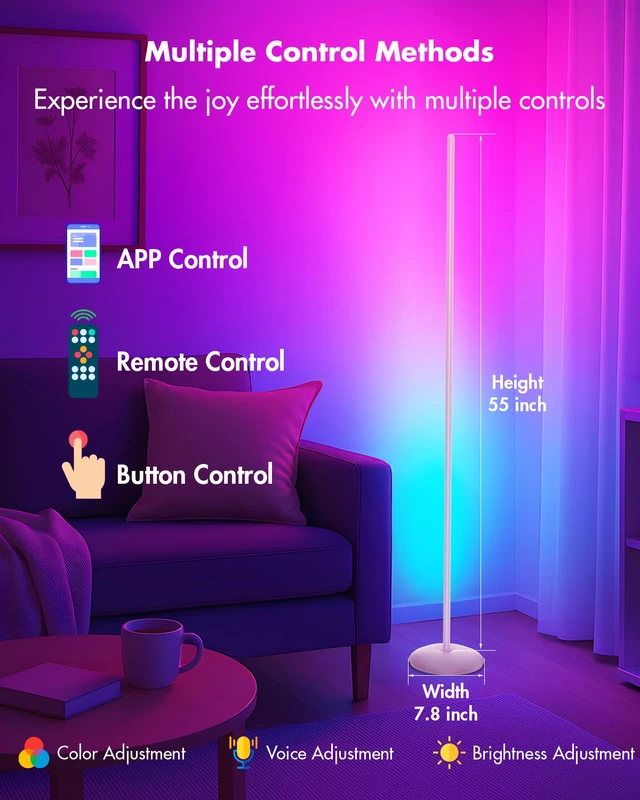 Alt view image 4 of 7 - LED Corner Lamp, Smart RGB Floor Lamp for Living Room, Bedroom 1200LM Dimmable with 16 Million Color Changing, Music Sync, APP & Remote Control, Standing LED Light for Gaming Room - Silver