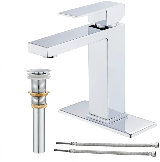 Main image of Chrome Bathroom Faucet, Single Hole Vanity Bath Faucet Single Handle Modern Stainless Steel Bathroom Faucets for Sink 1 Hole with Pop Up Drain Stopper & Water Supply Hoses