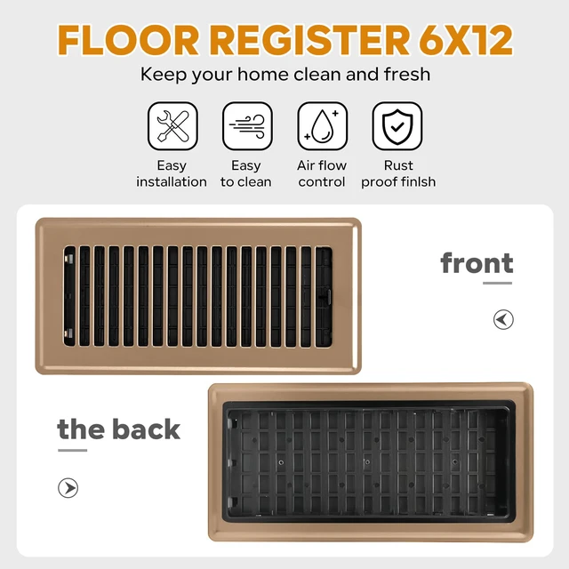 Alt view image 5 of 7 - 6x12 Floor Register, Floor Vent Covers for Home Floor Heavy Duty Steel Walkable Floor Vents Air Vent Covers for Sidewall and Floor, Floor Registers Brown 4 Pack