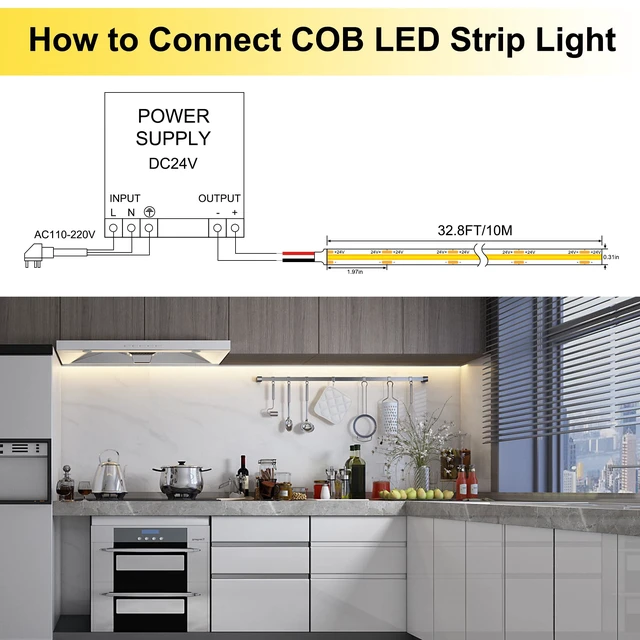 Alt view image 3 of 7 - LED Strip Lights 32.8FT,Dimmable cob led Strip with Adapter and Remote,Superbright 24V led Tape,CRI90+,2700K Warm White led Strips,Indoor Perfect for Cabinet,Room,Kitchen,TV,Mirror