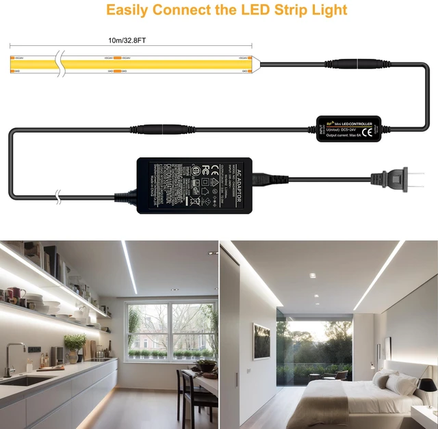 Alt view image 3 of 6 - LED Strip Lights 32.8FT,Dimmable cob led Strip with Adapter and Remote,24V Strip Lights CRI90+ 8mm Wide 3840leds,Natural White 4000K Indoor led Tape,Perfect for Cabinet,Room,Kitchen,TV