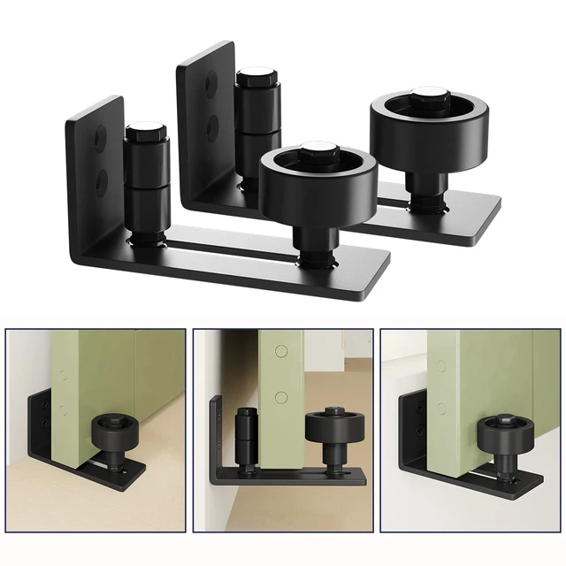 Alt view image 4 of 7 - Sliding Barn Door Floor Guide for Bottom Adjustable Roller 8 Setup Options for DIYers - Flush Design Bottom Flat Barn Door Floor Guide Stay Roller (Black) 2PCS
