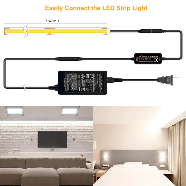 Alt view image 3 of 6 - COB LED Strip 32.8ft,Dimmable Strip Lights, 6000K Daylight Super Bright LED Strip Lights, DC24V CRI90+,LED Tape Light with UL-Listed Power Supply, Indoor for Closet,Bedroom,Kitchen