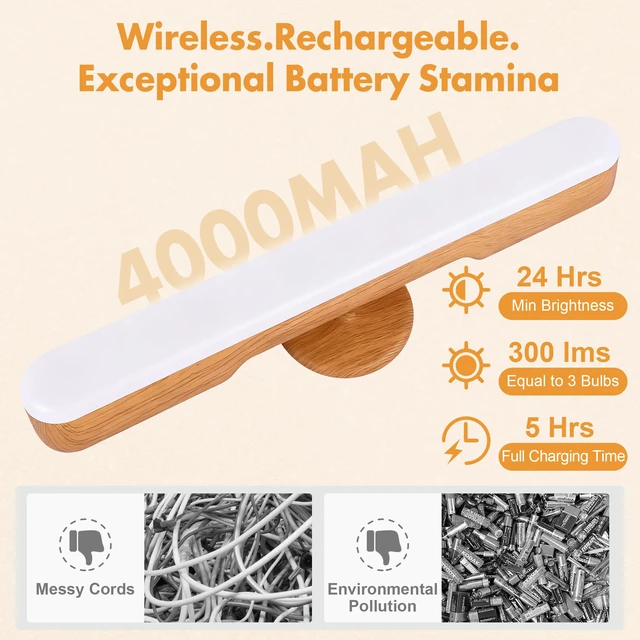 Alt view image 4 of 7 - Set of 2 Wireless Vanity Makeup Lights for Mirror, Rechargeable LED Stick On Light Bar for Bathroom Mirror with Dimmable 3 CCT, Long Battery Life Cordless Light for Vanity Desk(Light Brown)