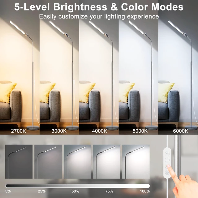 Alt view image 3 of 7 - Bright Floor Lamp, 18W/2000LM Silver LED Floor Lamp with Double Head Adjustable Gooseneck, Dimmable Craft Light for Sewing Tatoo PuzzleEye Caring Reading Lamps for Living Room Bedroom Office
