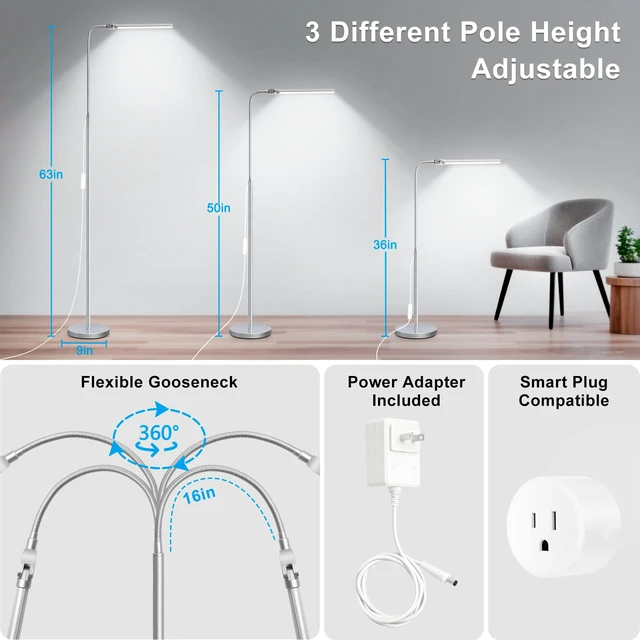Alt view image 4 of 7 - Bright Floor Lamp, 18W/2000LM Silver LED Floor Lamp with Double Head Adjustable Gooseneck, Dimmable Craft Light for Sewing Tatoo PuzzleEye Caring Reading Lamps for Living Room Bedroom Office