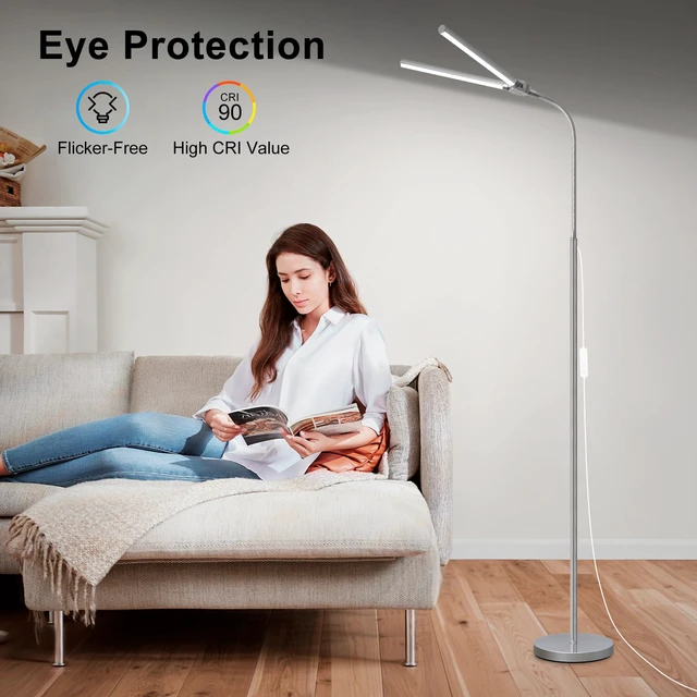 Alt view image 5 of 7 - Bright Floor Lamp, 18W/2000LM Silver LED Floor Lamp with Double Head Adjustable Gooseneck, Dimmable Craft Light for Sewing Tatoo PuzzleEye Caring Reading Lamps for Living Room Bedroom Office