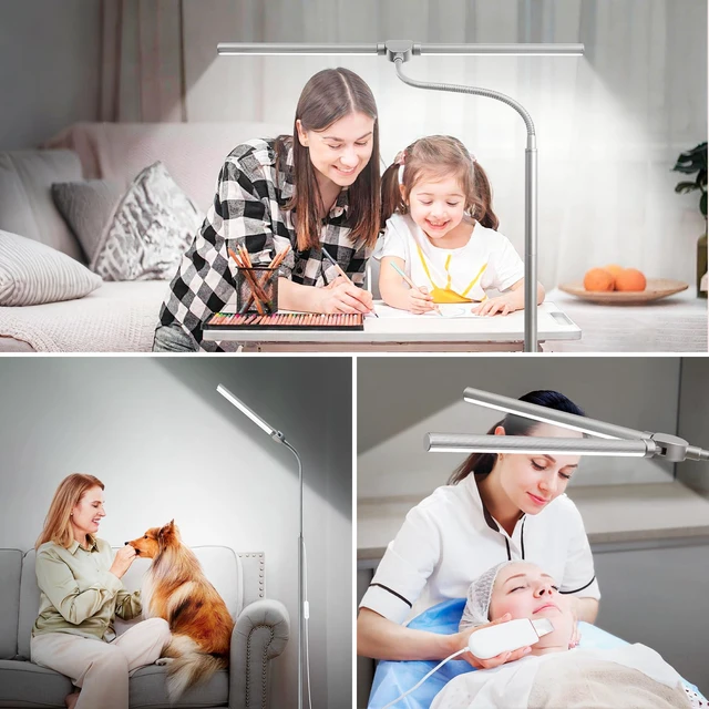 Alt view image 6 of 7 - Bright Floor Lamp, 18W/2000LM Silver LED Floor Lamp with Double Head Adjustable Gooseneck, Dimmable Craft Light for Sewing Tatoo PuzzleEye Caring Reading Lamps for Living Room Bedroom Office