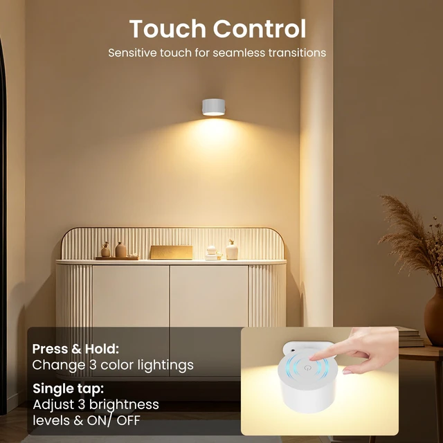 Alt view image 4 of 7 - LED Wall Sconces, Wall Mounted Lamps with Rechargeable Battery Operated Dim 3 Brightness Removable Charging 360°Rotate Magnetic Ball, Cordless Wall Light for Reading Study Bedside Hallway