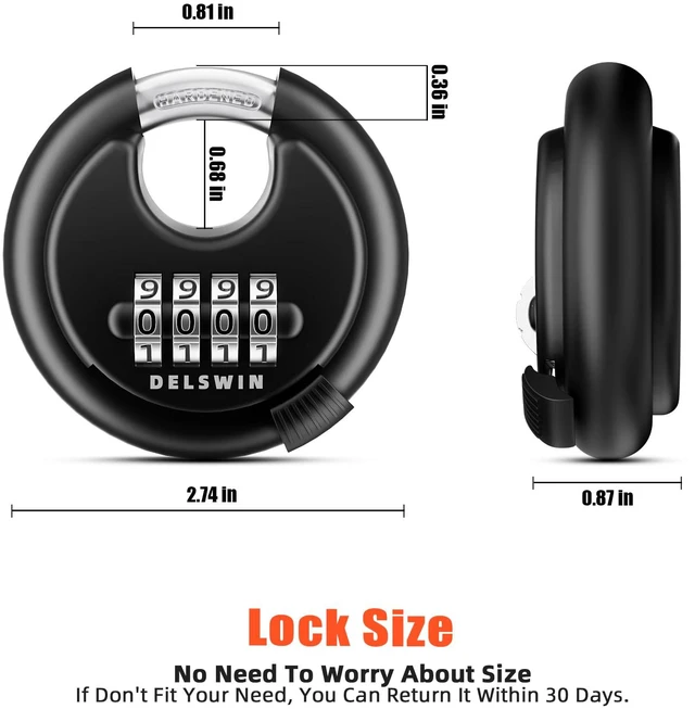 Alt view image 2 of 7 - 4-Digit Disc Combination Lock, Black and Red Outdoor, Heavy Duty, Hardened Steel Shackle, Weatherproof, 3/8" Shackle