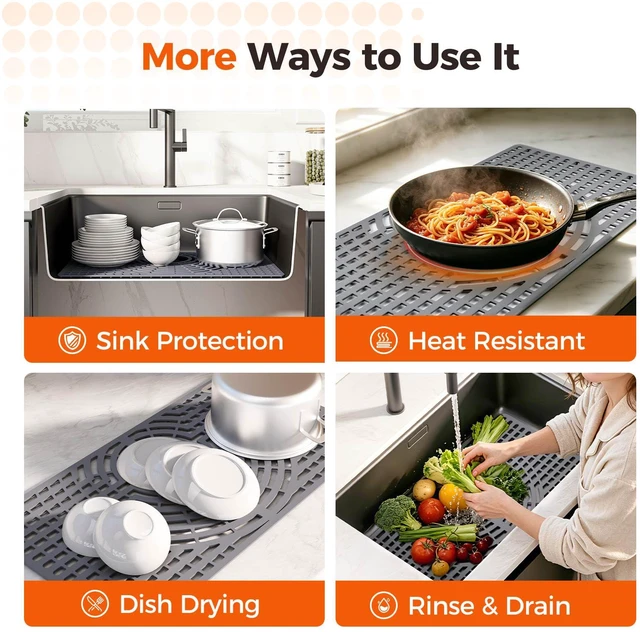 Alt view image 6 of 7 - Silicone Sink Protector for Kitchen Sink, 26x14" Rear Drain Scratch protection, cushions fragile dishes and glassware, dishwasher safe, food-grade silicone, 446°F heat resistant