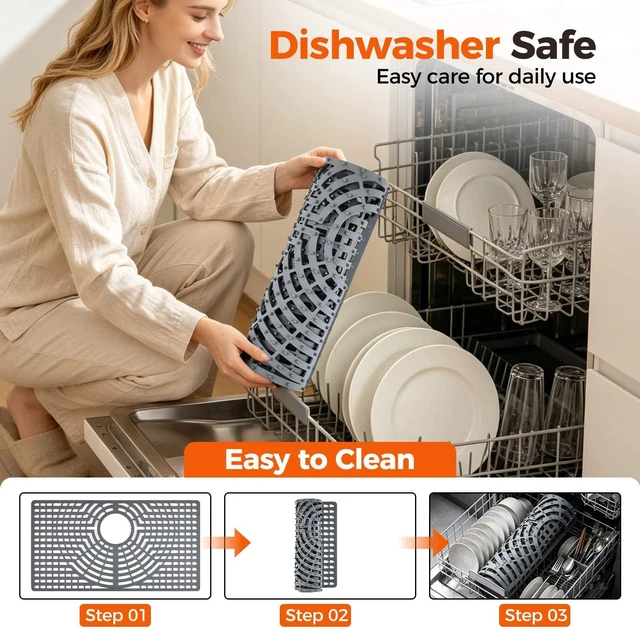 Alt view image 7 of 7 - Silicone Sink Protector for Kitchen Sink, 26x14" Rear Drain Scratch protection, cushions fragile dishes and glassware, dishwasher safe, food-grade silicone, 446°F heat resistant