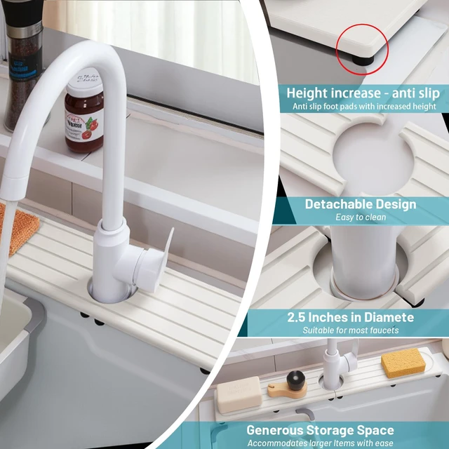 Alt view image 4 of 7 - Faucet Mat for Kitchen Sink with Raised Feet, Stone Sink Mat Quick Dry around Faucet, Water Absorbent Stone Tray, Sink Splash Guard & Protectors, Stone Drying Mat for kitchen Counter