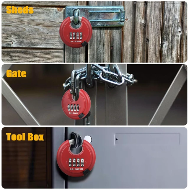 Alt view image 7 of 7 - 4-Digit Disc Combination Lock, Black and Red Outdoor, Heavy Duty, Hardened Steel Shackle, Weatherproof, 3/8" Shackle