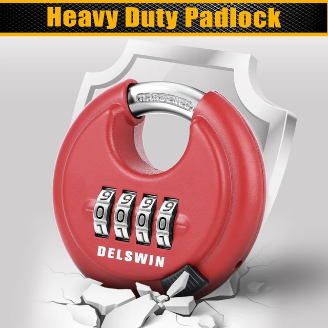 Alt view image 6 of 7 - 4-Digit Disc Combination Lock, Black and Red Outdoor, Heavy Duty, Hardened Steel Shackle, Weatherproof, 3/8" Shackle