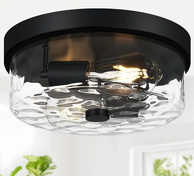 Main image of Flush Mount Ceiling Light Fixtures, 2-Light Black Ceiling Mount for Farmhouse with Water Ripple Glass Lampshade, Industrial Flush Mount Light Fixture for Hallway, Kitchen, Entryway and Foyer