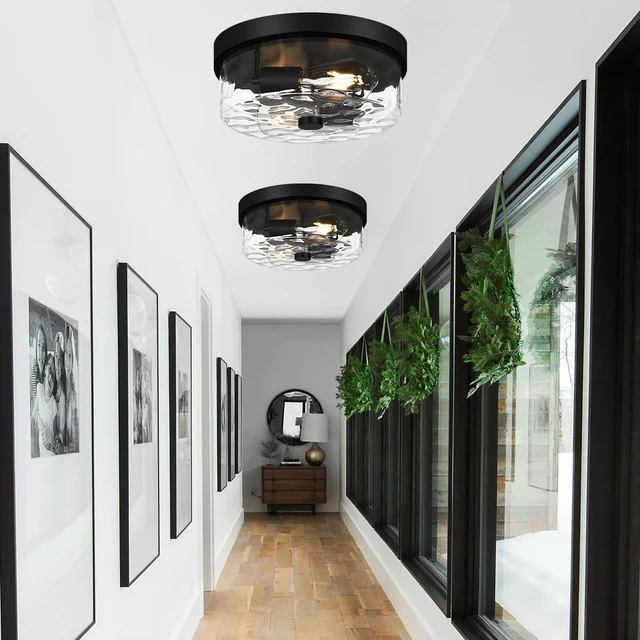 Alt view image 6 of 7 - Flush Mount Ceiling Light Fixtures, 2-Light Black Ceiling Mount for Farmhouse with Water Ripple Glass Lampshade, Industrial Flush Mount Light Fixture for Hallway, Kitchen, Entryway and Foyer