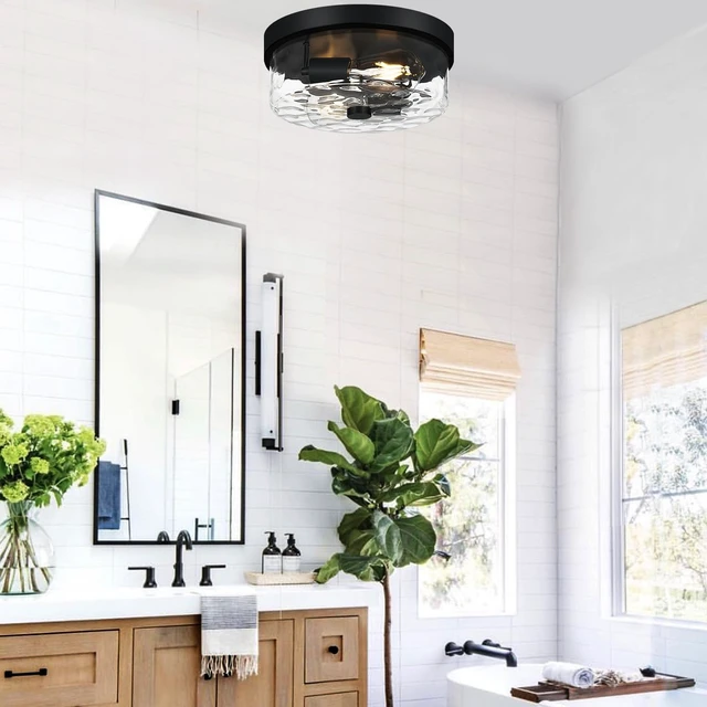 Alt view image 5 of 7 - Flush Mount Ceiling Light Fixtures, 2-Light Black Ceiling Mount for Farmhouse with Water Ripple Glass Lampshade, Industrial Flush Mount Light Fixture for Hallway, Kitchen, Entryway and Foyer