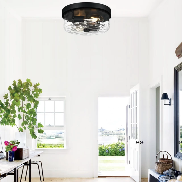 Alt view image 7 of 7 - Flush Mount Ceiling Light Fixtures, 2-Light Black Ceiling Mount for Farmhouse with Water Ripple Glass Lampshade, Industrial Flush Mount Light Fixture for Hallway, Kitchen, Entryway and Foyer