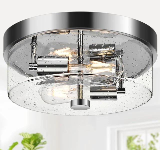 Main image of Flush Mount Ceiling Light Fixtures, 2-Light Chrome Ceiling Mount for Farmhouse with Seeded Glass Lampshade, Industrial Hall Flush Mount Light Fixture for Hallway, Kitchen, Entryway, Bedroom and Foyer