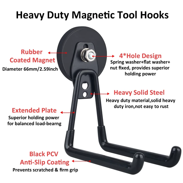 Alt view image 3 of 7 - Magnetic Hooks,Heavy Duty Extra Large Hooks,Power Tool Organizer for Workshop Organization, 2 Pack Tool Hooks for Cordless Drill,Garden Tool,Metal Cabinet,Steel Pegboard(Black)