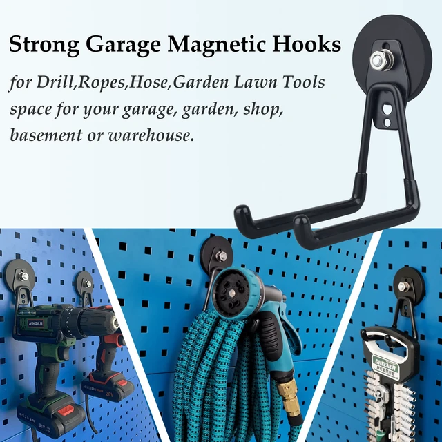 Alt view image 5 of 7 - Magnetic Hooks,Heavy Duty Extra Large Hooks,Power Tool Organizer for Workshop Organization, 2 Pack Tool Hooks for Cordless Drill,Garden Tool,Metal Cabinet,Steel Pegboard(Black)