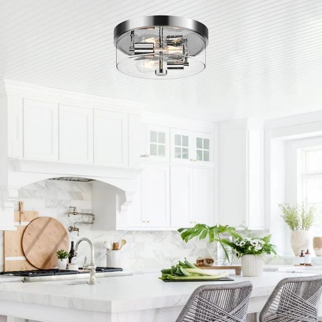 Alt view image 3 of 7 - Flush Mount Ceiling Light Fixtures, 2-Light Chrome Ceiling Mount for Farmhouse with Seeded Glass Lampshade, Industrial Hall Flush Mount Light Fixture for Hallway, Kitchen, Entryway, Bedroom and Foyer