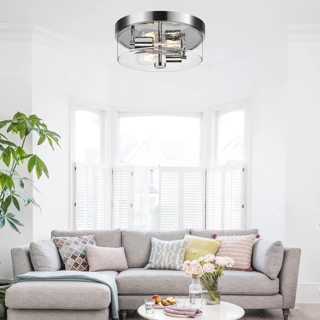 Alt view image 5 of 7 - Flush Mount Ceiling Light Fixtures, 2-Light Chrome Ceiling Mount for Farmhouse with Seeded Glass Lampshade, Industrial Hall Flush Mount Light Fixture for Hallway, Kitchen, Entryway, Bedroom and Foyer