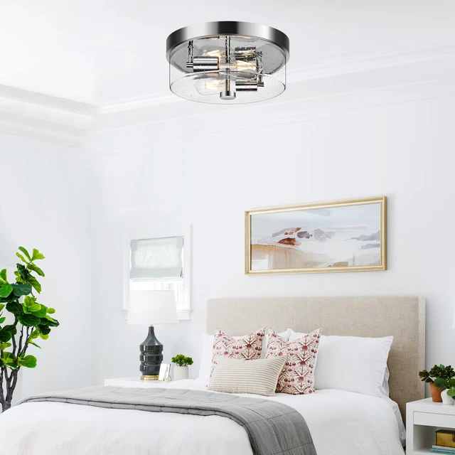Alt view image 4 of 7 - Flush Mount Ceiling Light Fixtures, 2-Light Chrome Ceiling Mount for Farmhouse with Seeded Glass Lampshade, Industrial Hall Flush Mount Light Fixture for Hallway, Kitchen, Entryway, Bedroom and Foyer