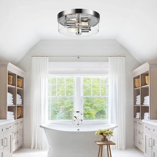 Alt view image 6 of 7 - Flush Mount Ceiling Light Fixtures, 2-Light Chrome Ceiling Mount for Farmhouse with Seeded Glass Lampshade, Industrial Hall Flush Mount Light Fixture for Hallway, Kitchen, Entryway, Bedroom and Foyer