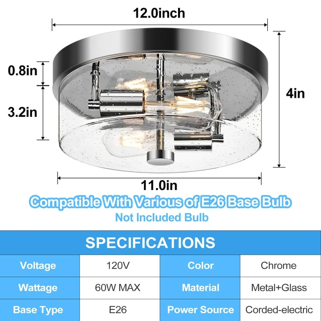 Alt view image 7 of 7 - Flush Mount Ceiling Light Fixtures, 2-Light Chrome Ceiling Mount for Farmhouse with Seeded Glass Lampshade, Industrial Hall Flush Mount Light Fixture for Hallway, Kitchen, Entryway, Bedroom and Foyer