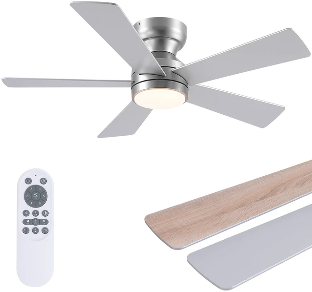 Main image of 46" Ceiling Fan with Lights Low Profile, Flush Mount Ceiling Light with Remote and 5 Blades, Mute Reversible Motor, 6 Speeds and 3CCT Dimming, Modern Fan Light for Indoor Bedroom, Silver