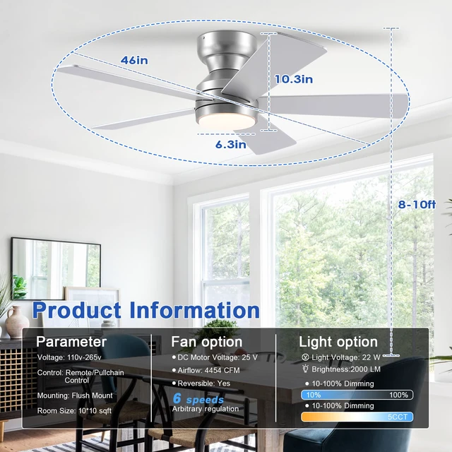 Alt view image 3 of 7 - 46" Ceiling Fan with Lights Low Profile, Flush Mount Ceiling Light with Remote and 5 Blades, Mute Reversible Motor, 6 Speeds and 3CCT Dimming, Modern Fan Light for Indoor Bedroom, Silver
