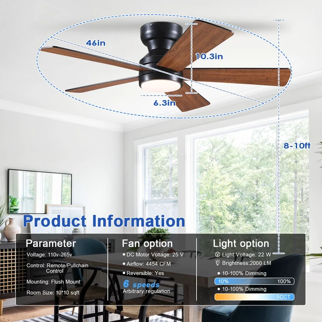 Alt view image 3 of 7 - Ceiling Fans with Lights Flush Mount - 46in Low Profile Ceiling Fan Remote Control with 5 Dual-Sided Blades, Reversible 6 Speeds, Dimming & 2H Timing, Indoor Fan Light for Bedroom, Kitchen