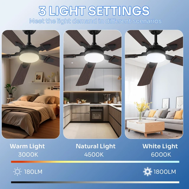 Alt view image 4 of 7 - Ceiling Fans with Lights, 52 Inch Modern Ceiling Fans with Lights and Remote Control, DC Reversible Motor, Noiseless, 3CCT, Ceiling Fan for Bedroom, Living Room, Apartment Indoor/Outdoor Use