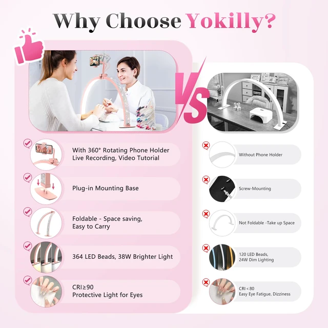 Alt view image 2 of 7 - Half Moon Light for Nail Desk: 29" Foldable Nail Light for Desk AB Diamonds Arch Nail Tech Light with Phone Holder for Beginner - 3 Color Modes & 10 Brightness for Manicure Salon-Pink