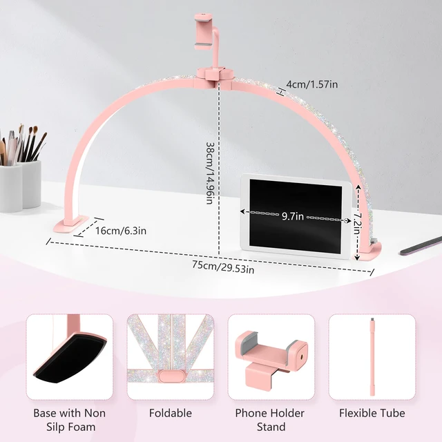 Alt view image 4 of 7 - Half Moon Light for Nail Desk: 29" Foldable Nail Light for Desk AB Diamonds Arch Nail Tech Light with Phone Holder for Beginner - 3 Color Modes & 10 Brightness for Manicure Salon-Pink