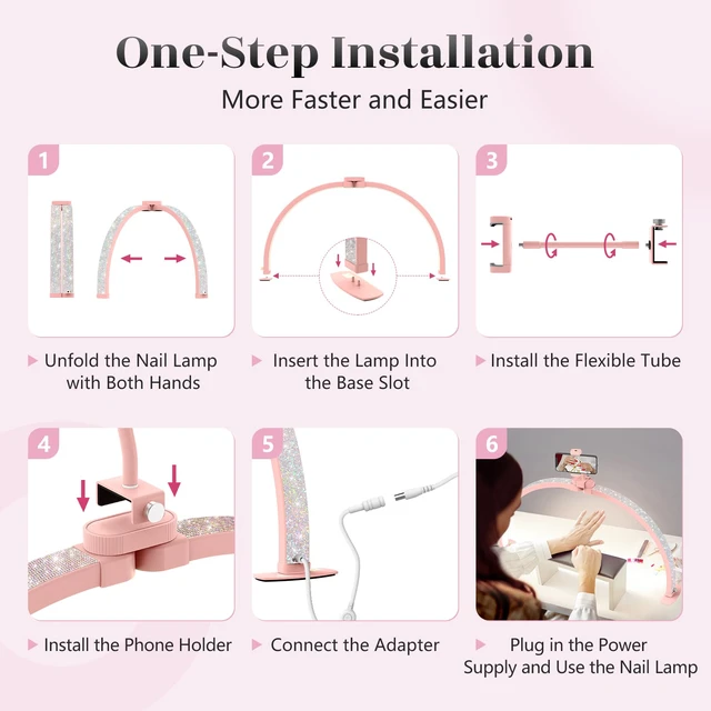 Alt view image 5 of 7 - Half Moon Light for Nail Desk: 29" Foldable Nail Light for Desk AB Diamonds Arch Nail Tech Light with Phone Holder for Beginner - 3 Color Modes & 10 Brightness for Manicure Salon-Pink