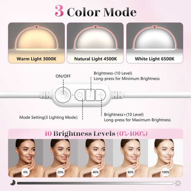 Alt view image 3 of 7 - Half Moon Light for Nail Desk: 29" Foldable Nail Light for Desk AB Diamonds Arch Nail Tech Light with Phone Holder for Beginner - 3 Color Modes & 10 Brightness for Manicure Salon-Pink