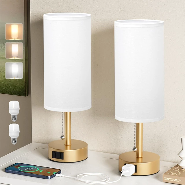 Main image of Gold Bedside Table Lamps Set of 2 - Bedroom Lamp for Desk, AC Outlet 3CCT(3000K/4000K/5000K), LED Bulbs Included, White Fabric Lampshade, 14in Small Lamp for Nightstand, Guest Room, Living Room