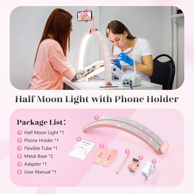 Alt view image 7 of 7 - Half Moon Light for Nail Desk: 29" Foldable Nail Light for Desk AB Diamonds Arch Nail Tech Light with Phone Holder for Beginner - 3 Color Modes & 10 Brightness for Manicure Salon-Pink
