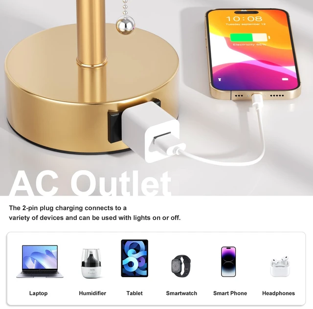 Alt view image 3 of 7 - Gold Bedside Table Lamps Set of 2 - Bedroom Lamp for Desk, AC Outlet 3CCT(3000K/4000K/5000K), LED Bulbs Included, White Fabric Lampshade, 14in Small Lamp for Nightstand, Guest Room, Living Room