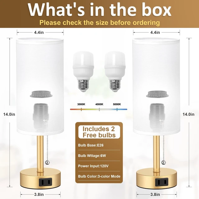 Alt view image 4 of 7 - Gold Bedside Table Lamps Set of 2 - Bedroom Lamp for Desk, AC Outlet 3CCT(3000K/4000K/5000K), LED Bulbs Included, White Fabric Lampshade, 14in Small Lamp for Nightstand, Guest Room, Living Room