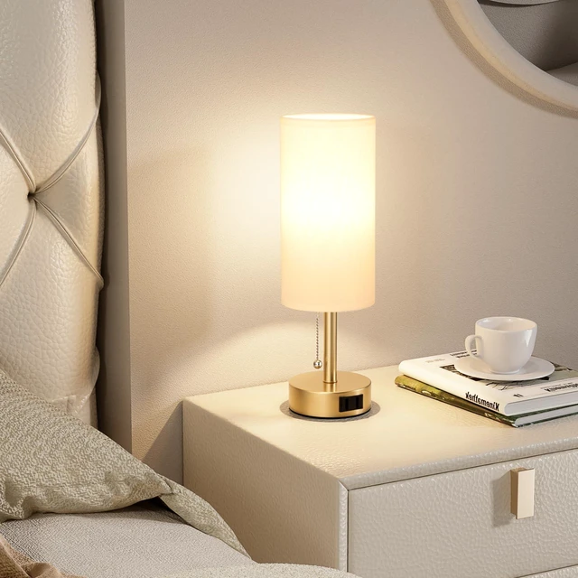 Alt view image 5 of 7 - Gold Bedside Table Lamps Set of 2 - Bedroom Lamp for Desk, AC Outlet 3CCT(3000K/4000K/5000K), LED Bulbs Included, White Fabric Lampshade, 14in Small Lamp for Nightstand, Guest Room, Living Room