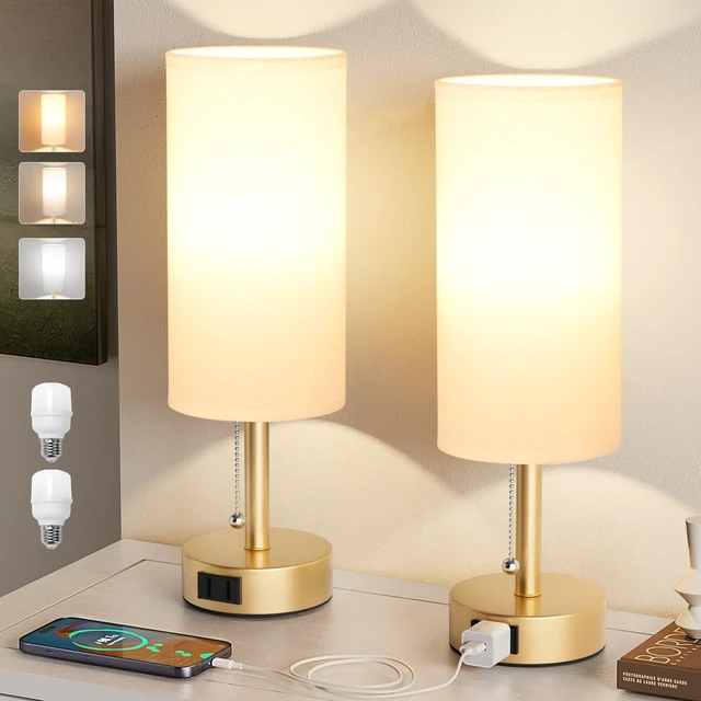 Alt view image 7 of 7 - Gold Bedside Table Lamps Set of 2 - Bedroom Lamp for Desk, AC Outlet 3CCT(3000K/4000K/5000K), LED Bulbs Included, White Fabric Lampshade, 14in Small Lamp for Nightstand, Guest Room, Living Room